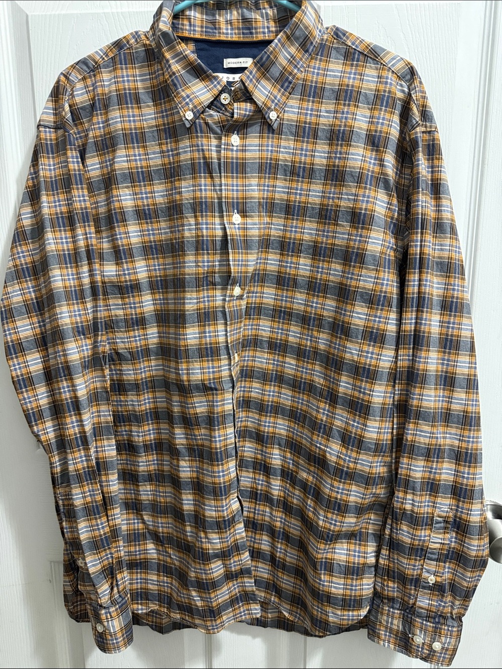 Joseph Abboud Modern Fit Plaid Cotton Button Down Blue & Brown XL Like New